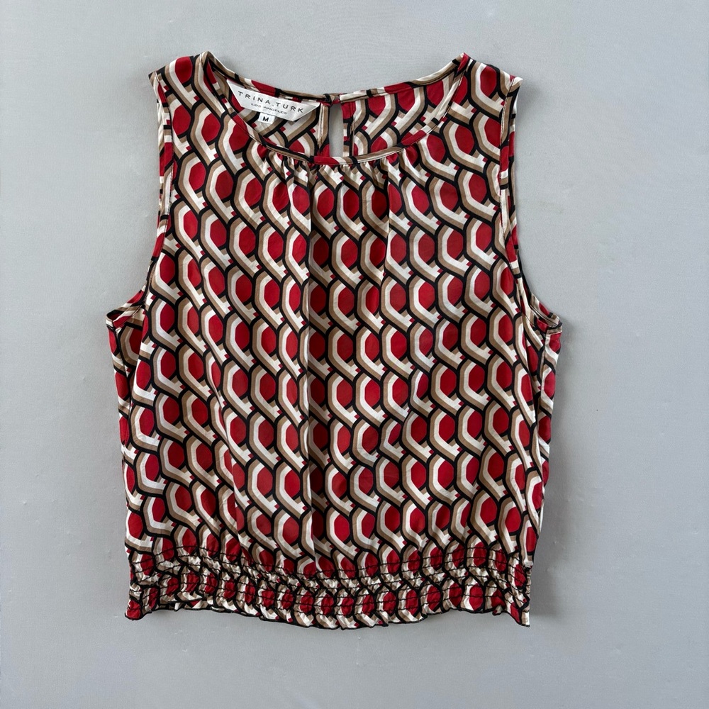 Trina Turk Red Geometric 100% Silk Tank Top Size Medium